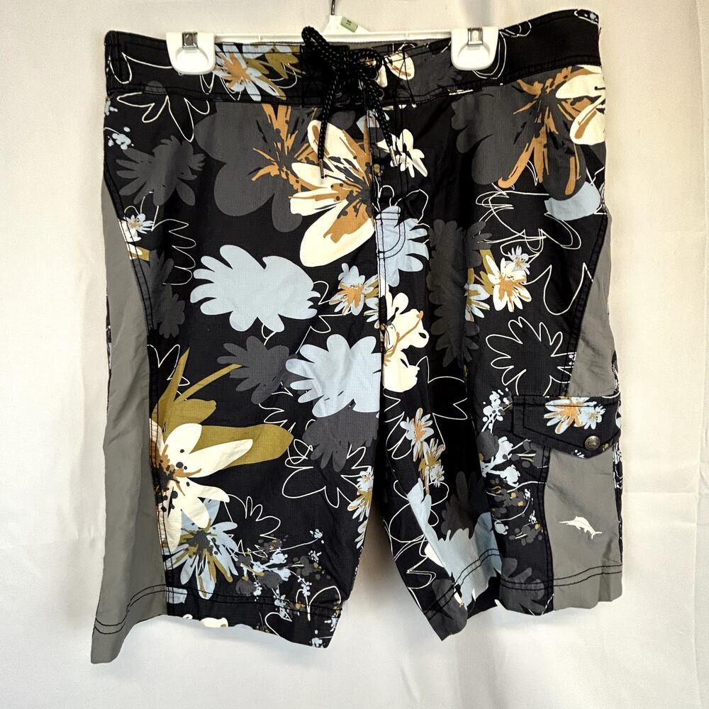 SKU2521 RELAX  Tommy Bahama Men's Large Black Gray Blue Floral Print Swim Trunks